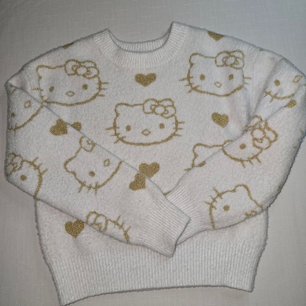 Hello Kitty Sanrio Kids Girls White Gold Metallic Fuzzy Eyelash Sweater L 10/12